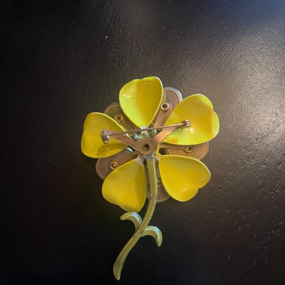 Vintage 1960s Flower Enamel Brooch with Rhinestones Yellow and Green - Picture 3 of 6
